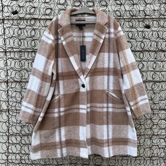 Rachel Zoe Brown Cream Plaid Print Peacoat Single Button Wool Blend 3X NWT - Picture 2 of 9